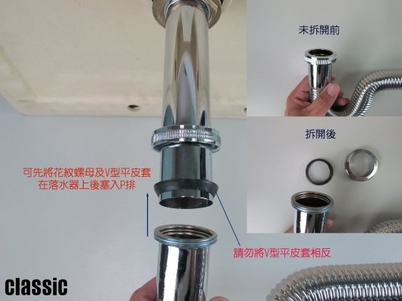 顯示金屬水槽排水管組裝的拼貼畫。包括演示安裝過程的各個組件和手的特寫圖像。帶有關鍵字「房間更」的中文文本